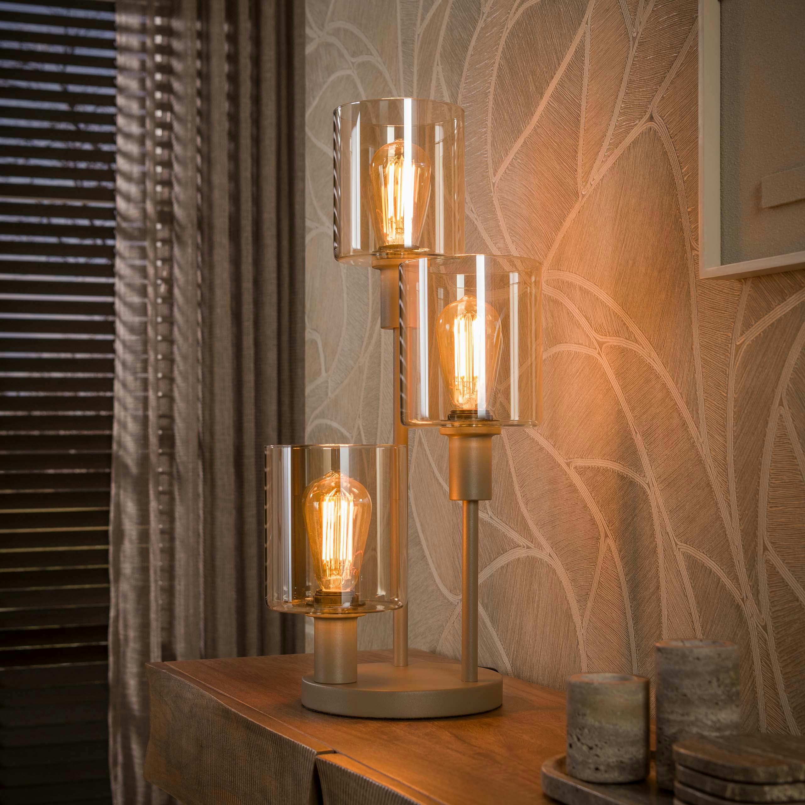 Lampe verre ambré métal beige 3 abat-jour RALF