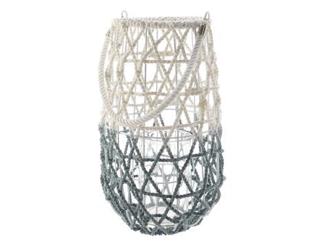 Lanterne à anse en corde et coton blanc et gris D25xH44cm
