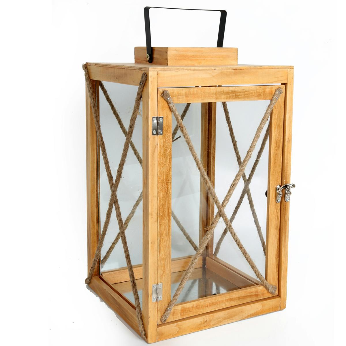 Lanterne à croisillons en corde et anse en métal H39cm