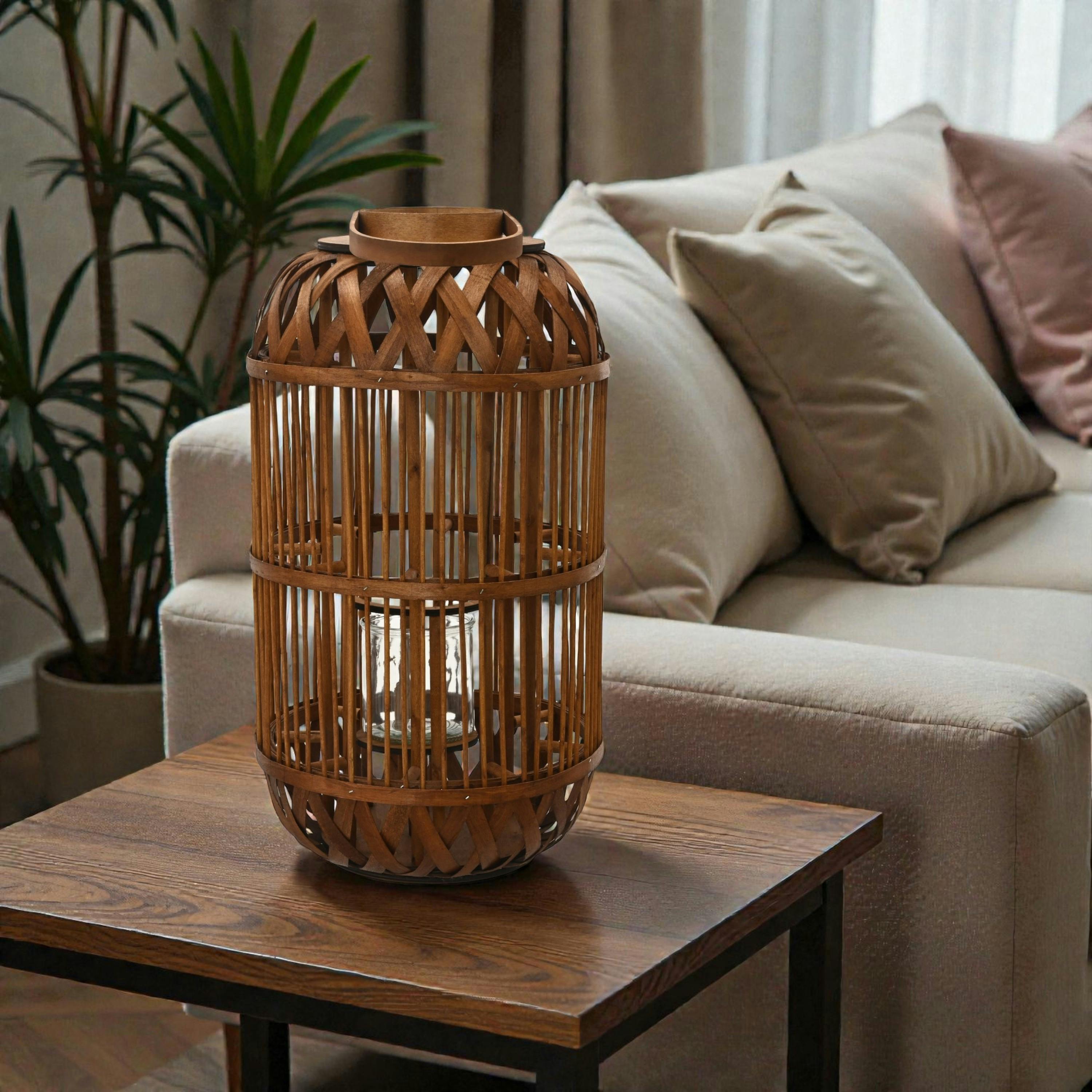 Lanterne bois et bambou tressé H65 cm