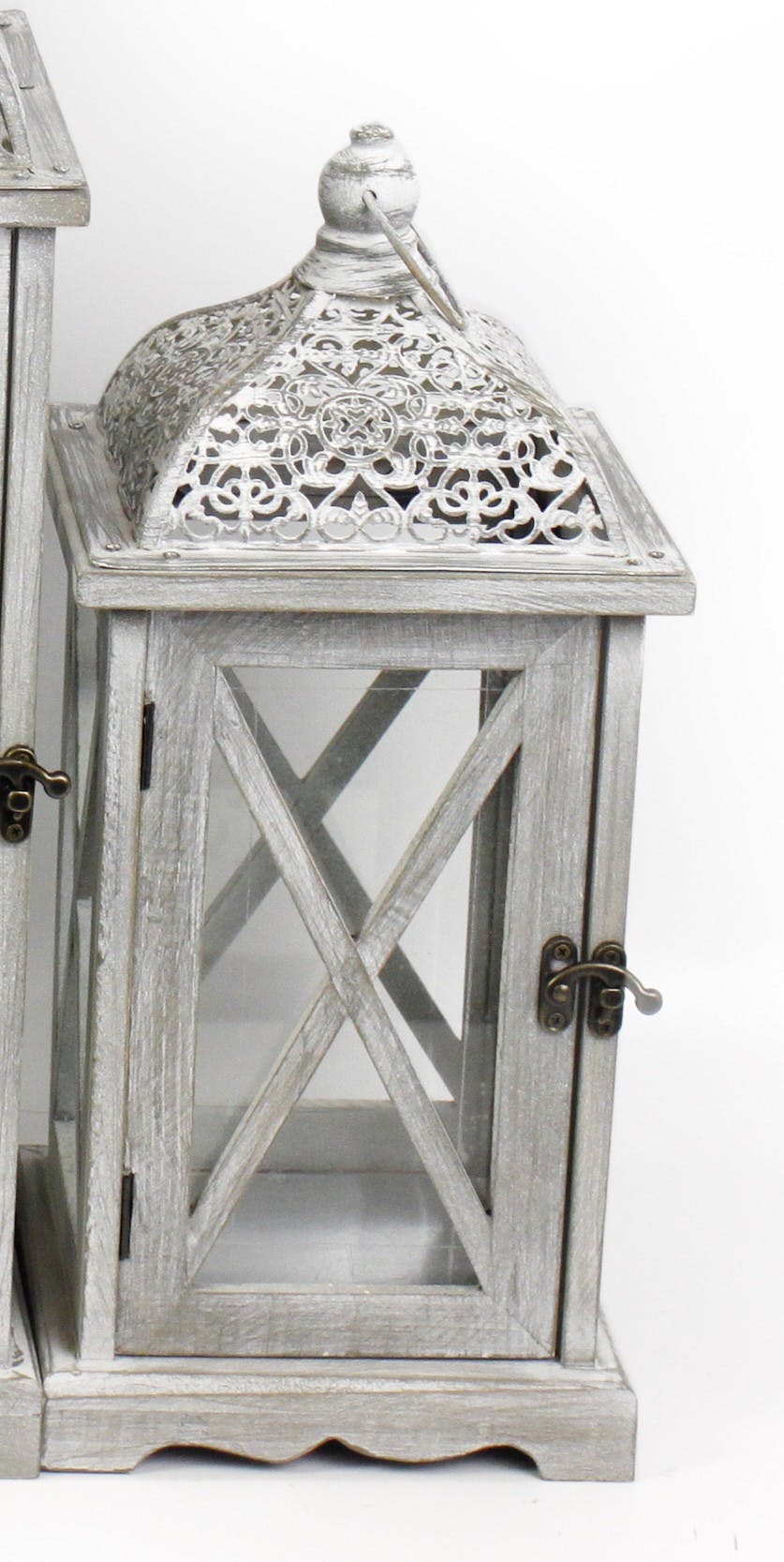 Lanterne bois et métal grisés motifs ajourés style marocain 37x16,5x16,5cm