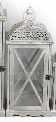 Lanterne bois et métal grisés motifs ajourés style marocain 53x22x22cm