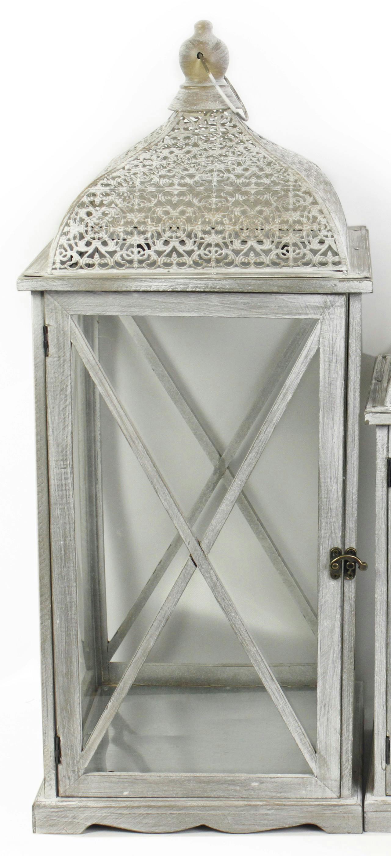 Lanterne bois et métal grisés motifs ajourés style marocain 68x68x28cm
