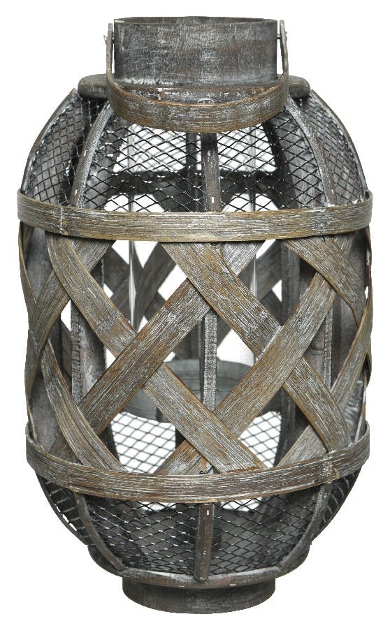 Lanterne bois grillage ajourée gris blanchi 32 cm