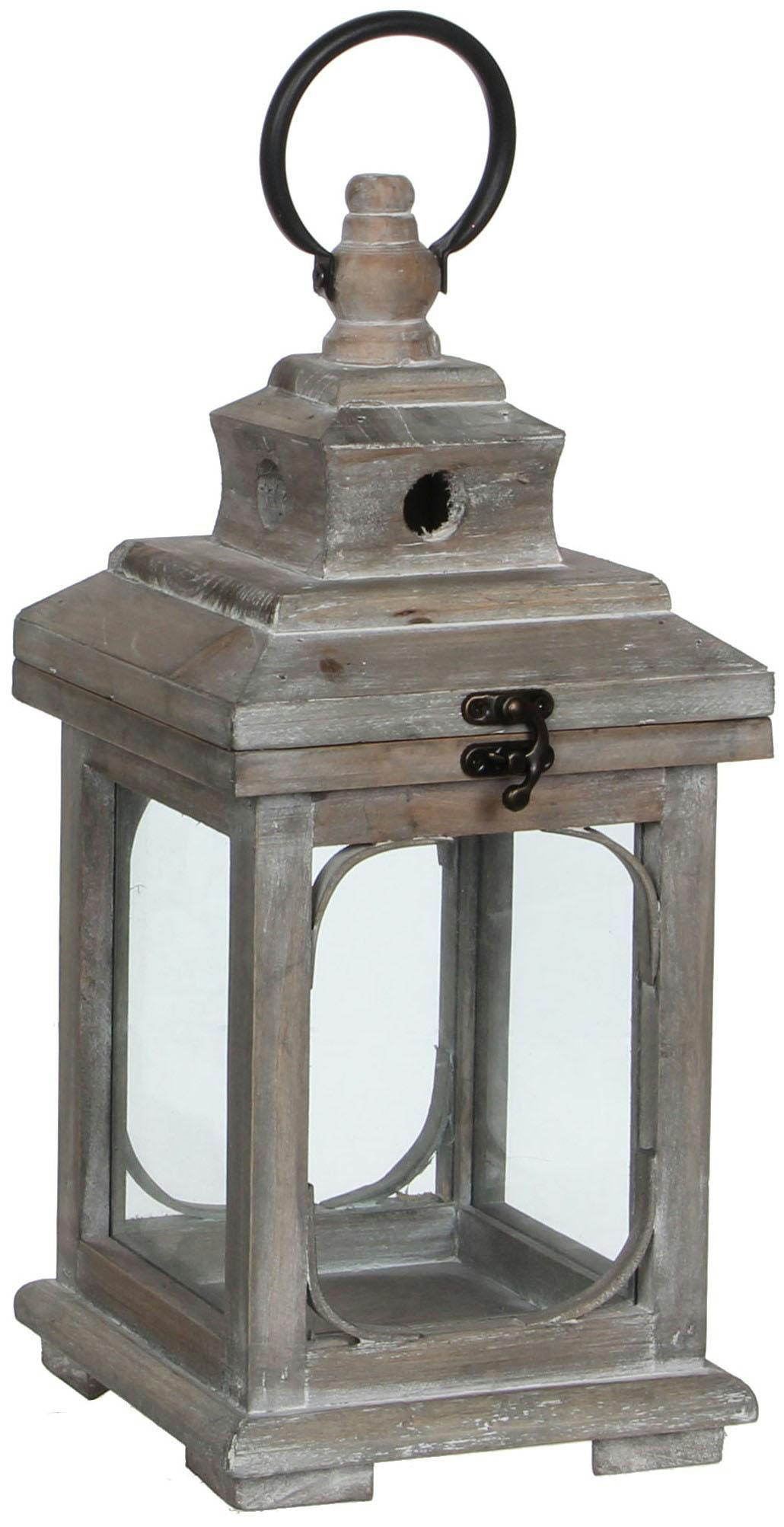 Lanterne bois patiné marron H 35 cm