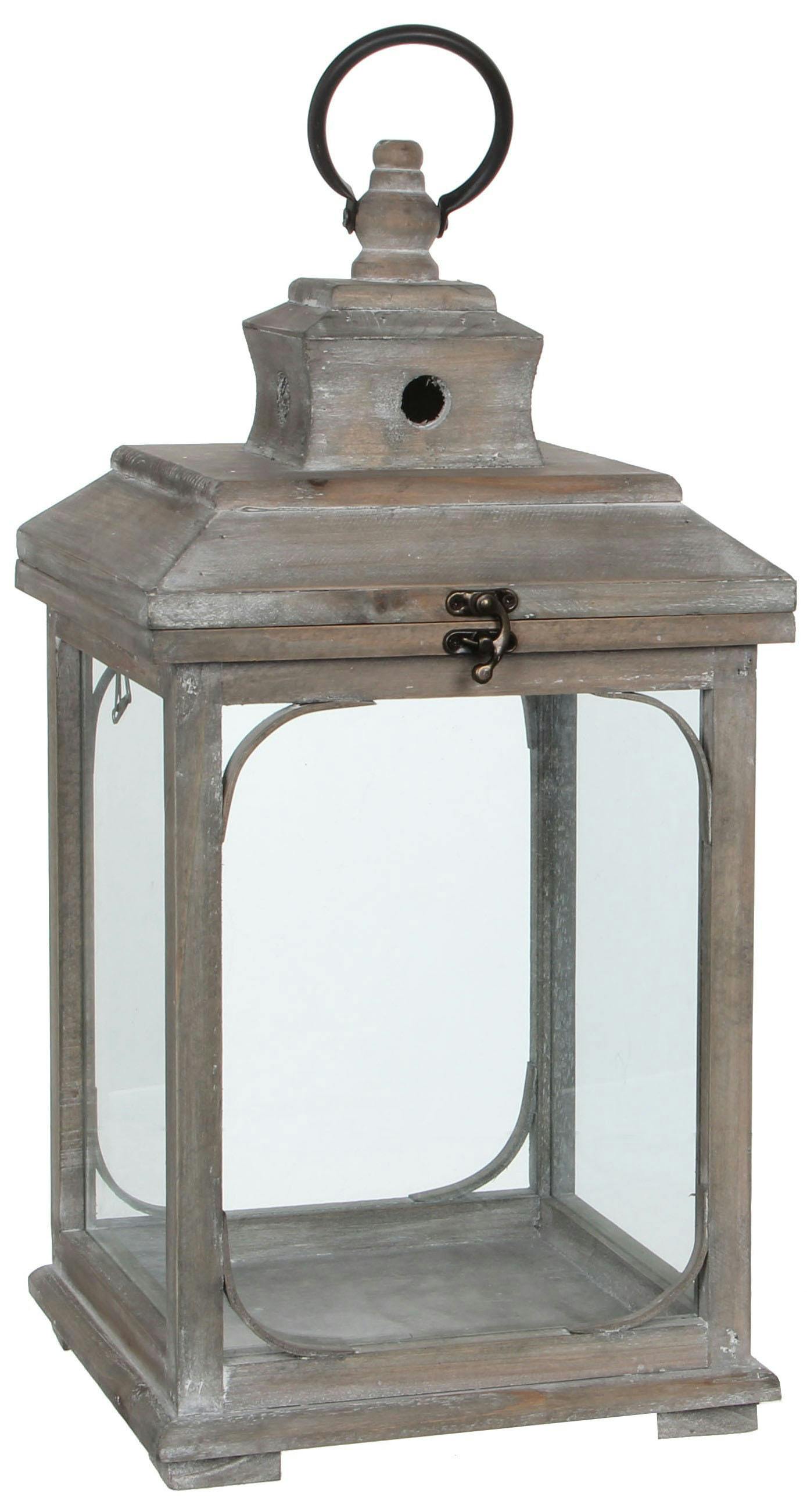 Lanterne bois patiné marron H 48 cm