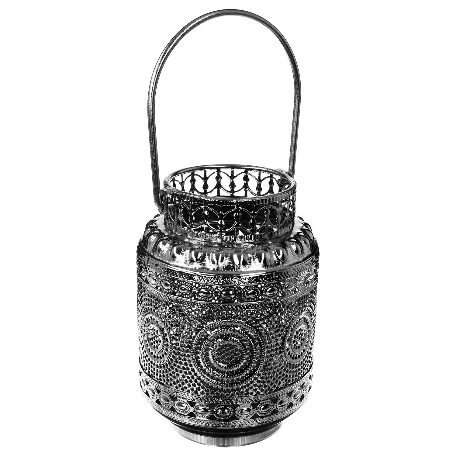 Lanterne cylindrique motifs géométriques Style oriental en métal finition argent vieilli et bougeoir en verre 13xH18cm