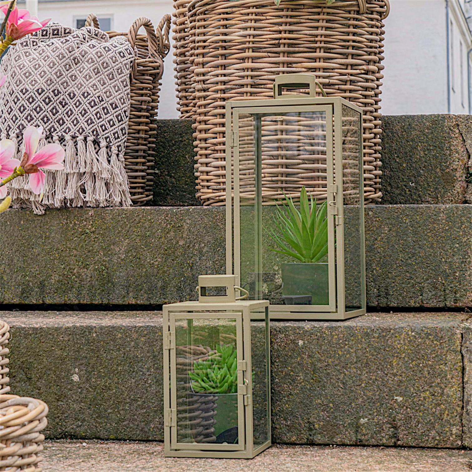 Lanterne décorative à poignée en métal beige et verre (lot de 2)