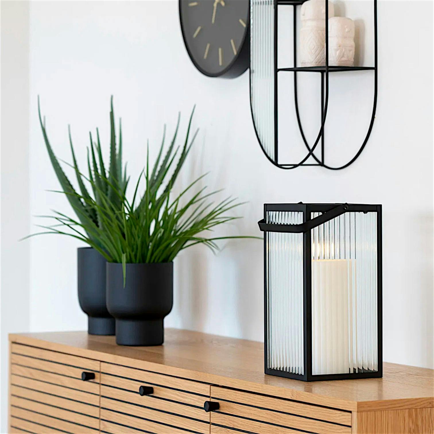 Lanterne décorative métal noir et verre strié