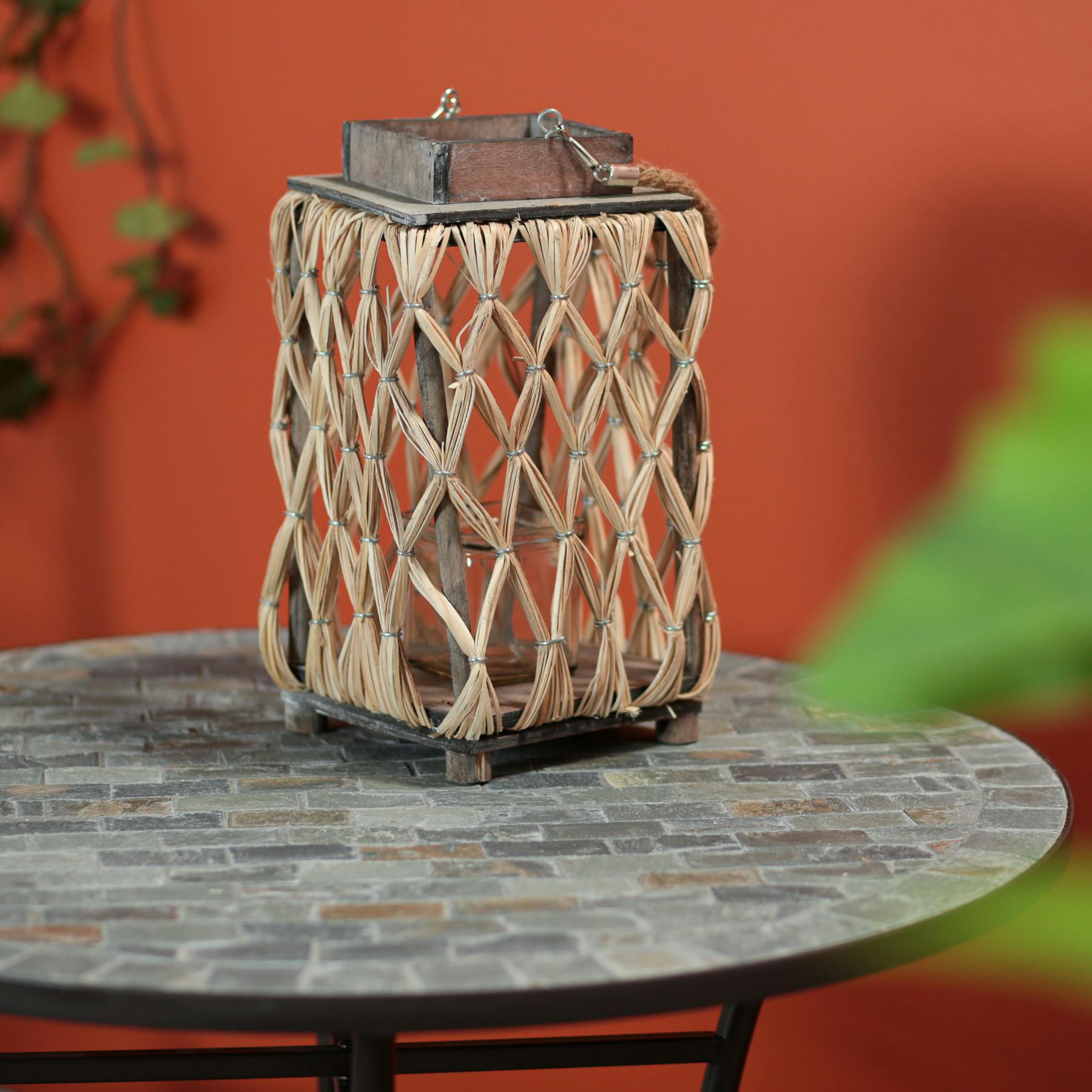 Lanterne en bois brun avec croisillons 24 cm