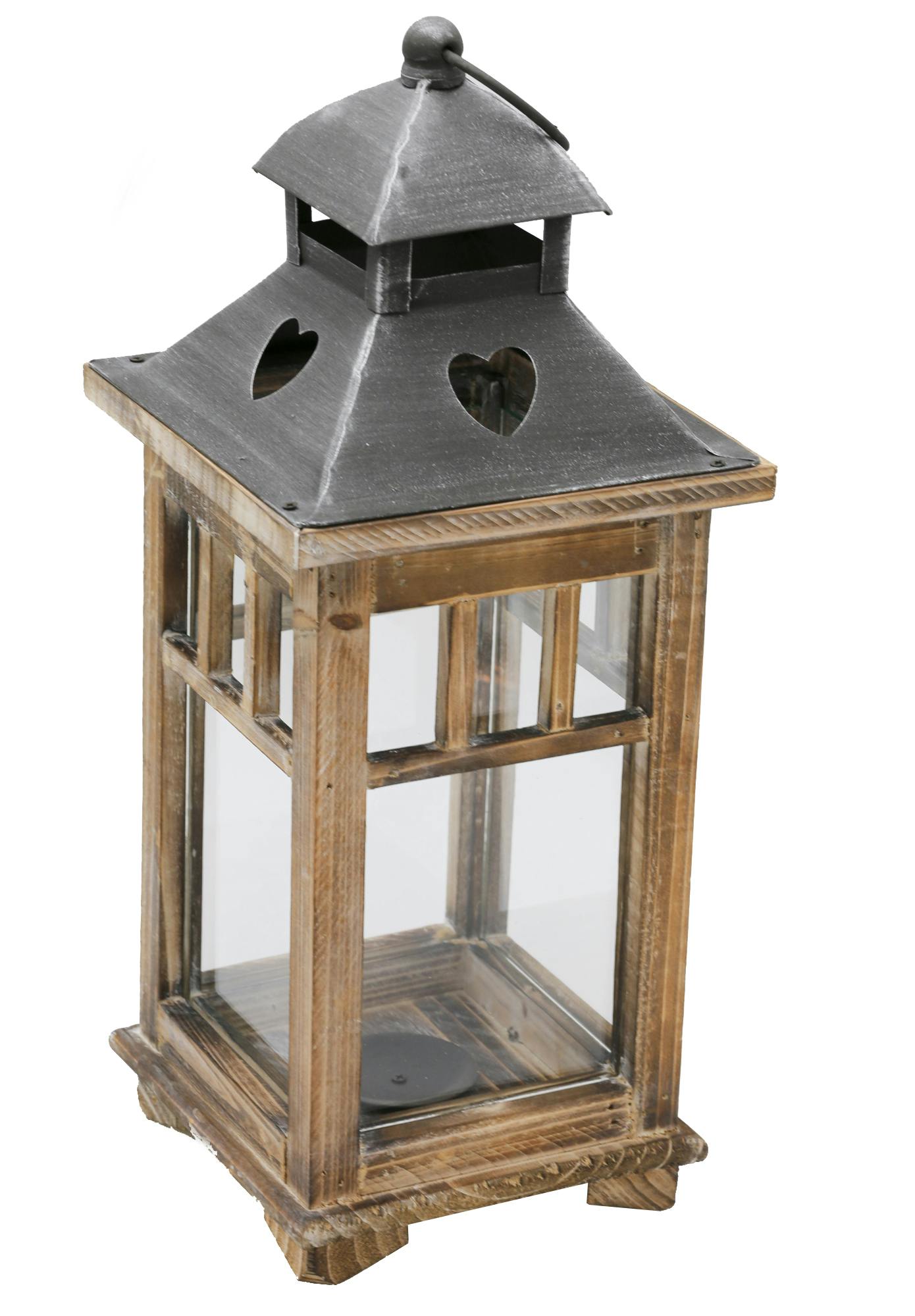 Lanterne en bois chapeau métal cœur ajouré