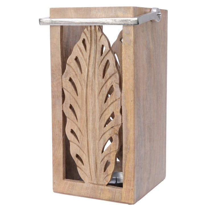 Lanterne en bois de Mangue décor feuille ciselé poignée métal H36cm