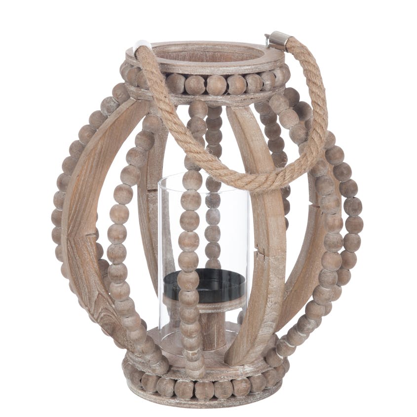 Lanterne en bois, déco perles de bois 28x28x30cm