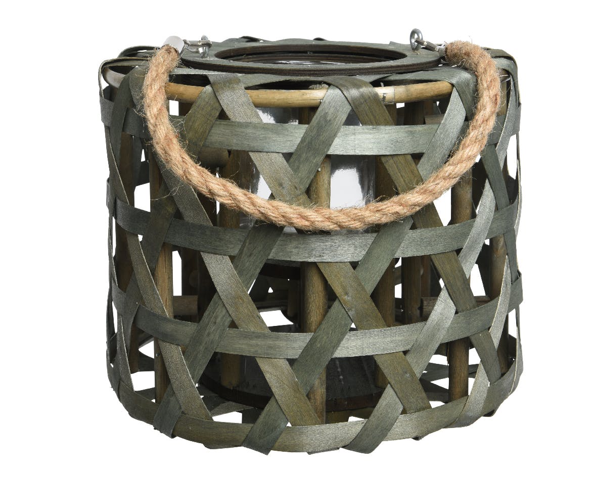 Lanterne en peuplier avec anse en corde vert H21cm