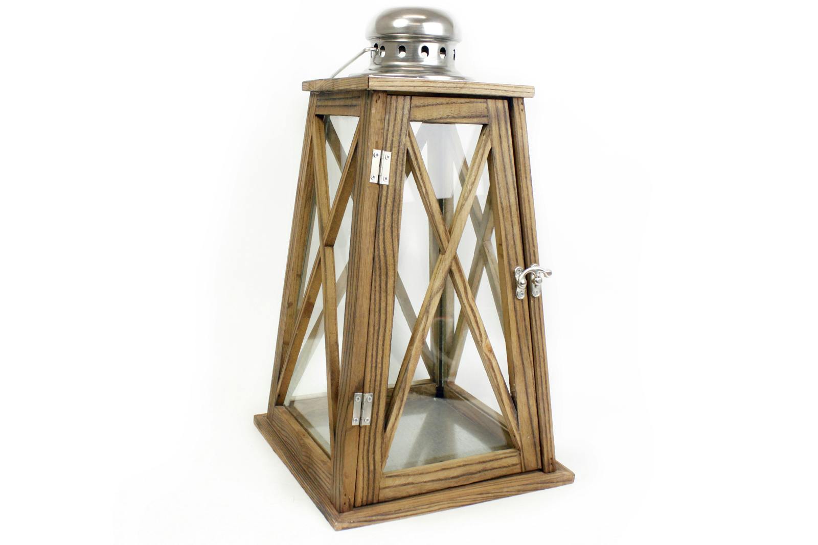Lanterne fuselée en bois et top en inox 22x22x40cm