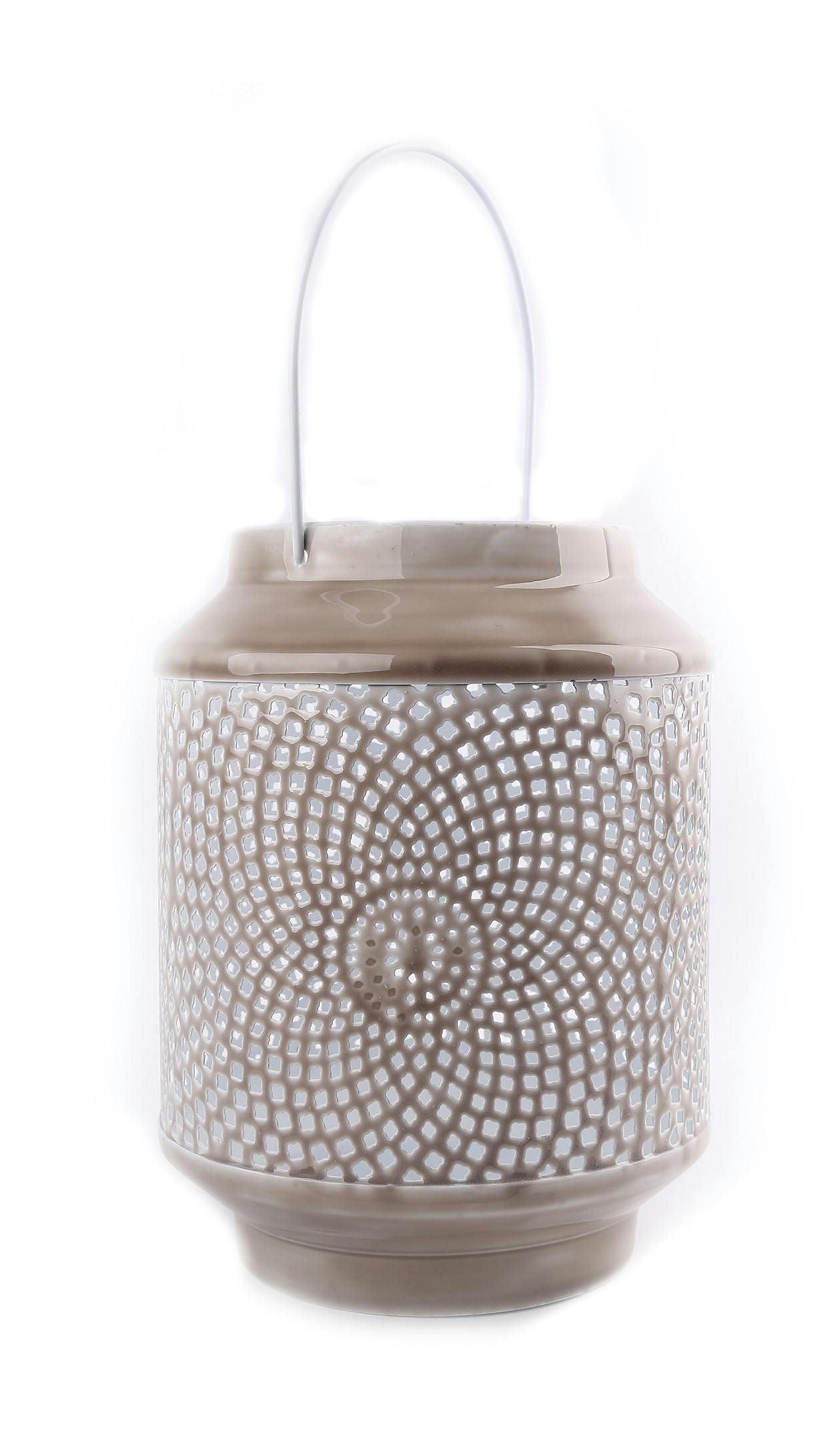 Lanterne métal gris taupe motifs style mozaique avec anse 17x17x25cm