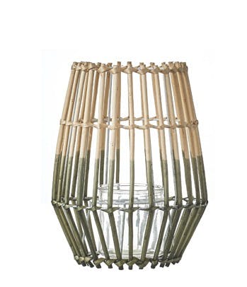 Lanterne / Photophore forme Trapèze en osier ajouré bi-tons naturel et vert D23xH28cm