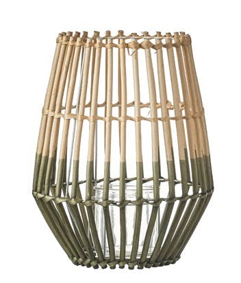 Lanterne / Photophore forme Trapèze en osier ajouré bi-tons naturel et vert D27xH34cm