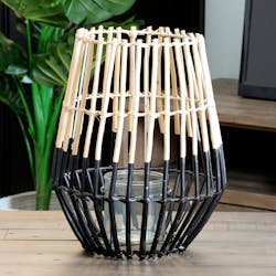 Lanterne / Photophore forme Trapèze en osier ajouré bi-tons noir et naturel D27xH34cm