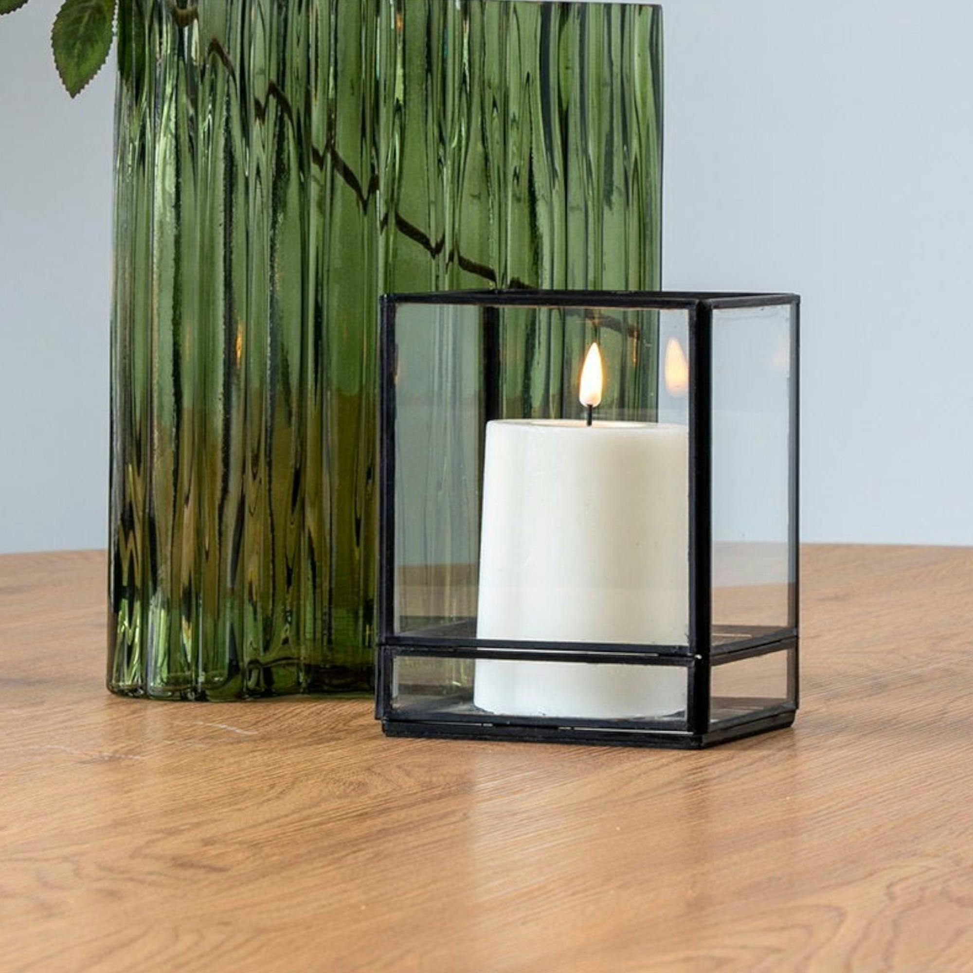 Lanterne photophore verre et métal noir - style minimaliste, forme cube