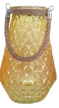 Lanterne photophore verre jaune forme Ananas avec anse en corde 18x18x31cm