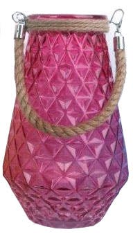 Lanterne photophore verre rose forme Ananas avec anse en corde 18x18x31cm