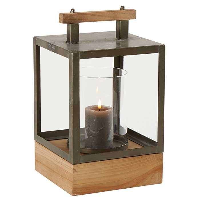 Lanterne rectangulaire en métal vieilli et socle bois 20x20xH35cm