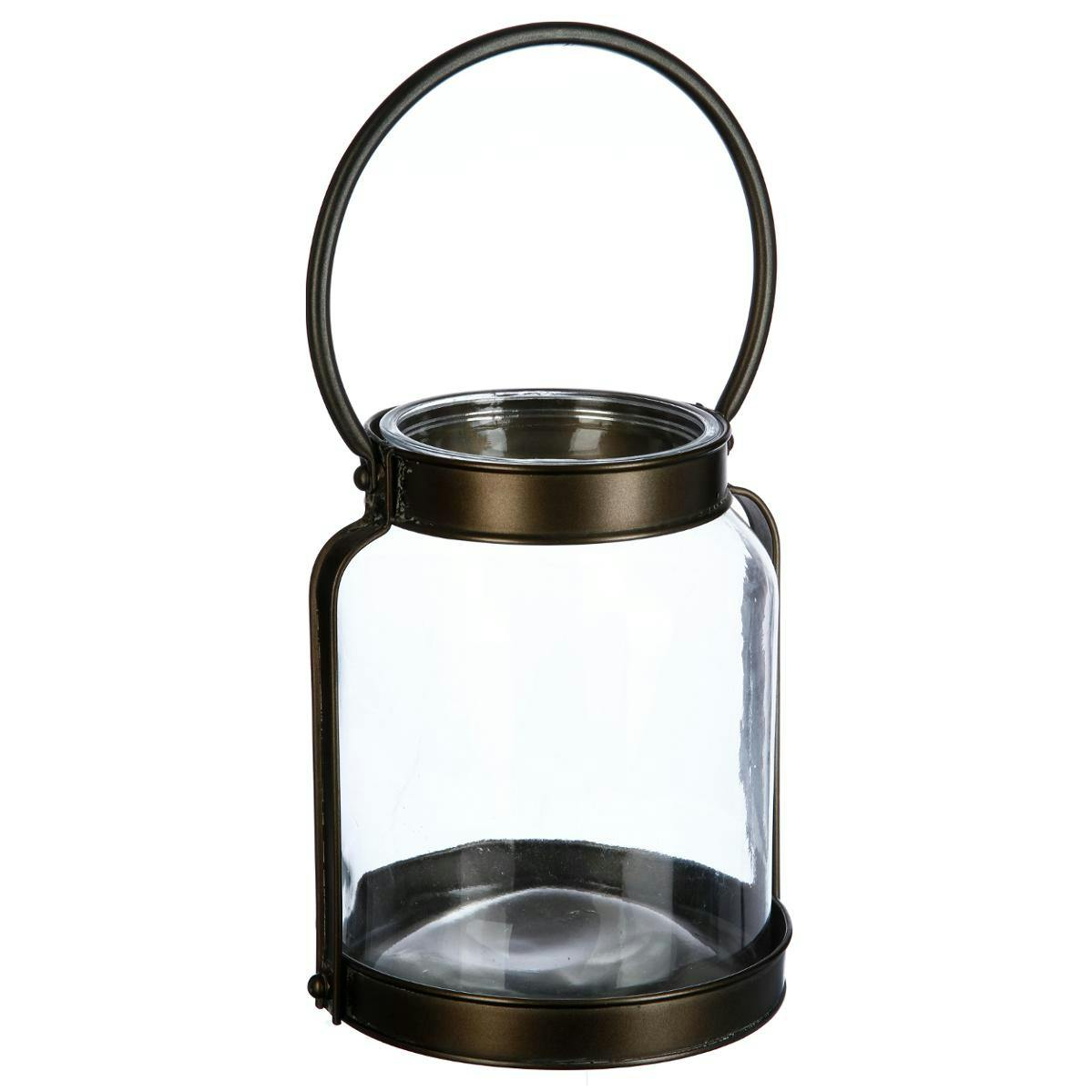 Lanterne ronde en Zinc couleur cuivrée et verre avec anse D16xH21cm