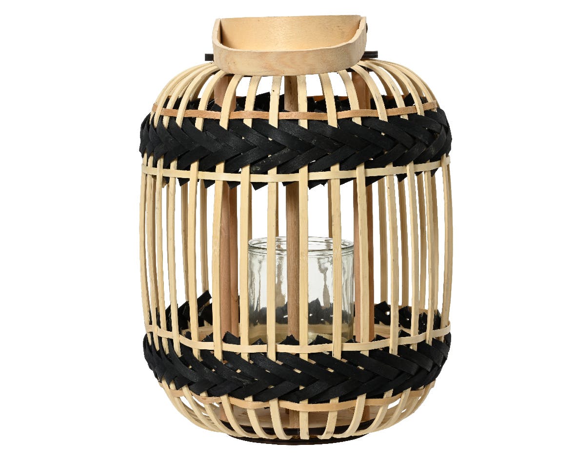 Lanterne ronde rotin naturel tressage noir H37 cm