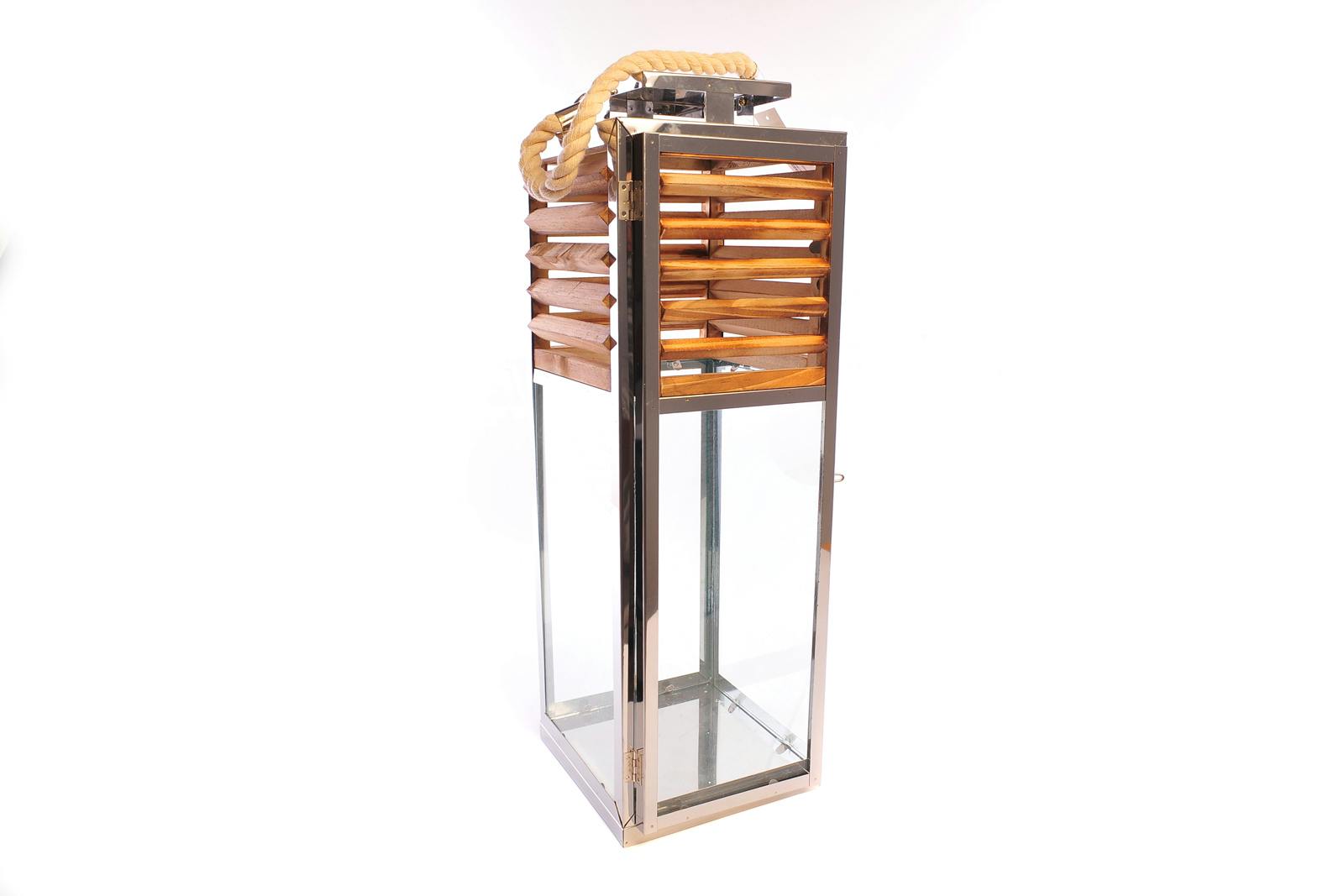Lanterne style Persienne en métal et bois et anse en corde H55cm