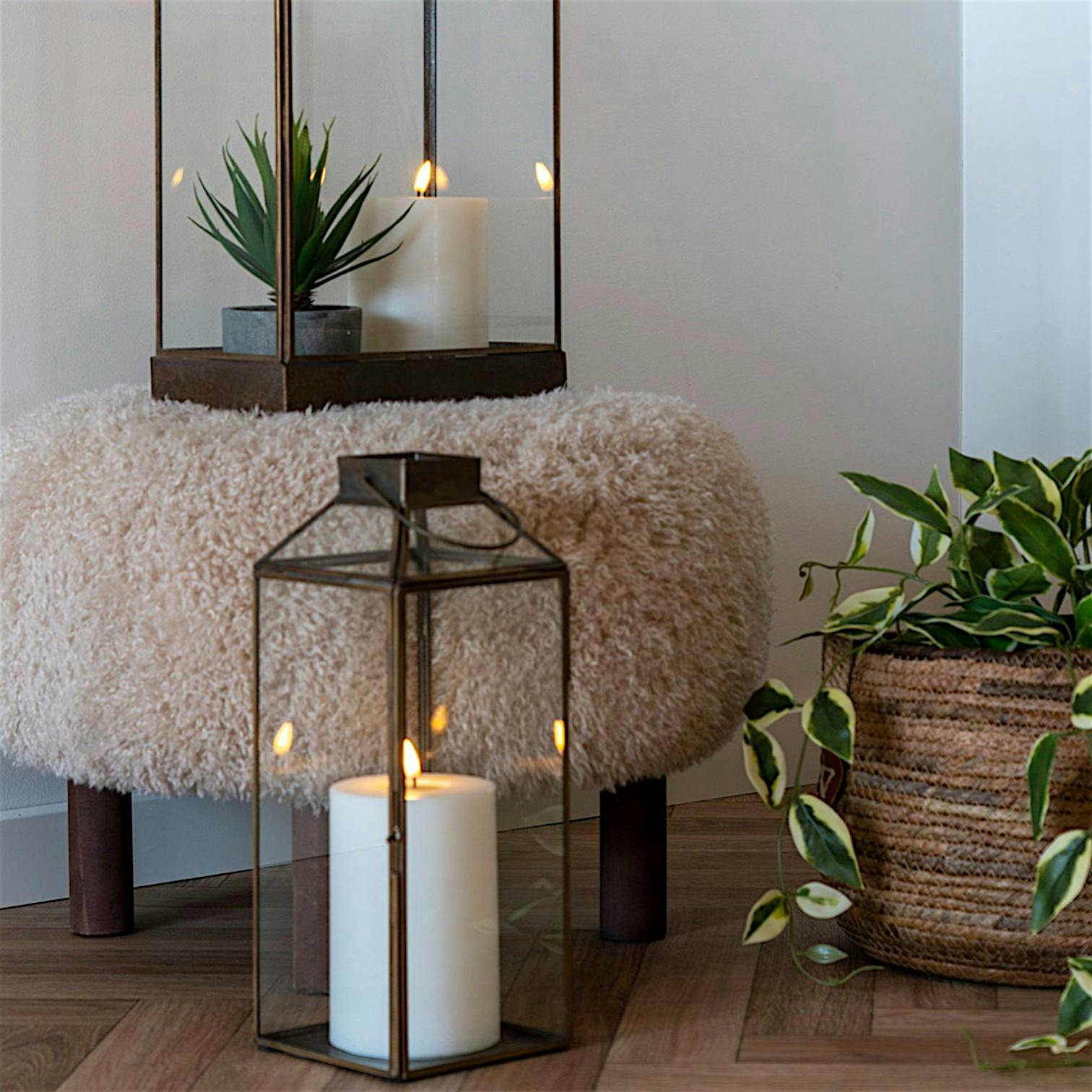 Lanterne vintage verre et métal effet usé à poignée