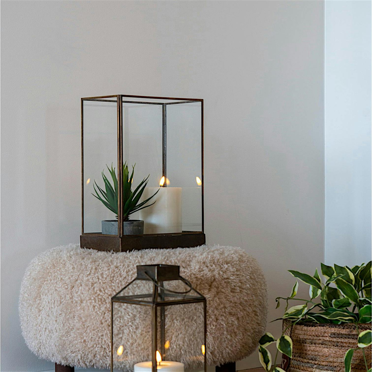 Lanterne vintage verre et métal gravé, forme rectangulaire