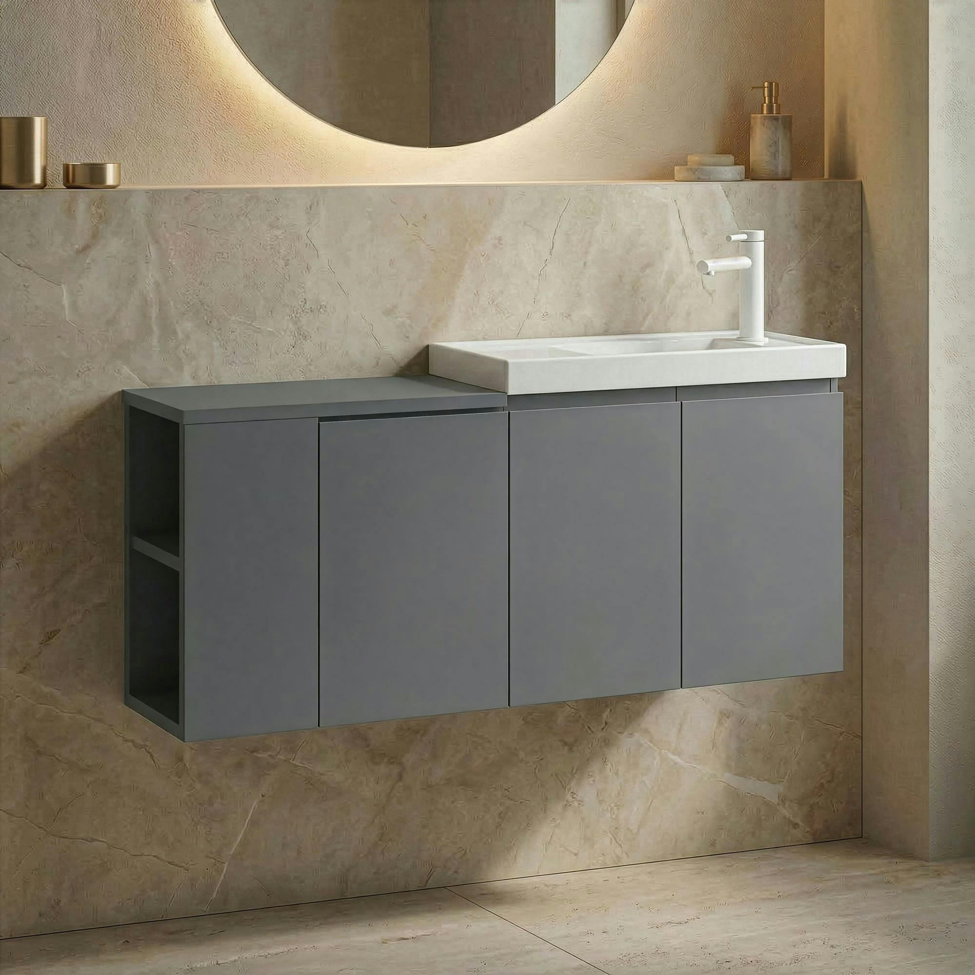 Lave-mains suspendu 110 cm gris 3 portes 2 niches IRIS