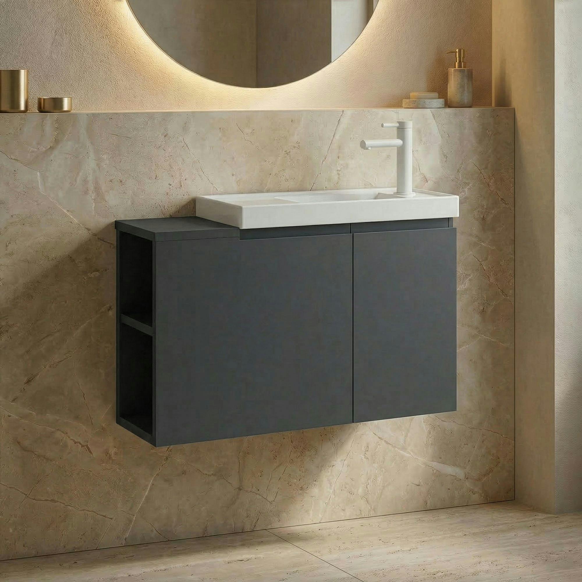 Lave-mains suspendu 80 cm anthracite 2 portes 2 niches IRIS