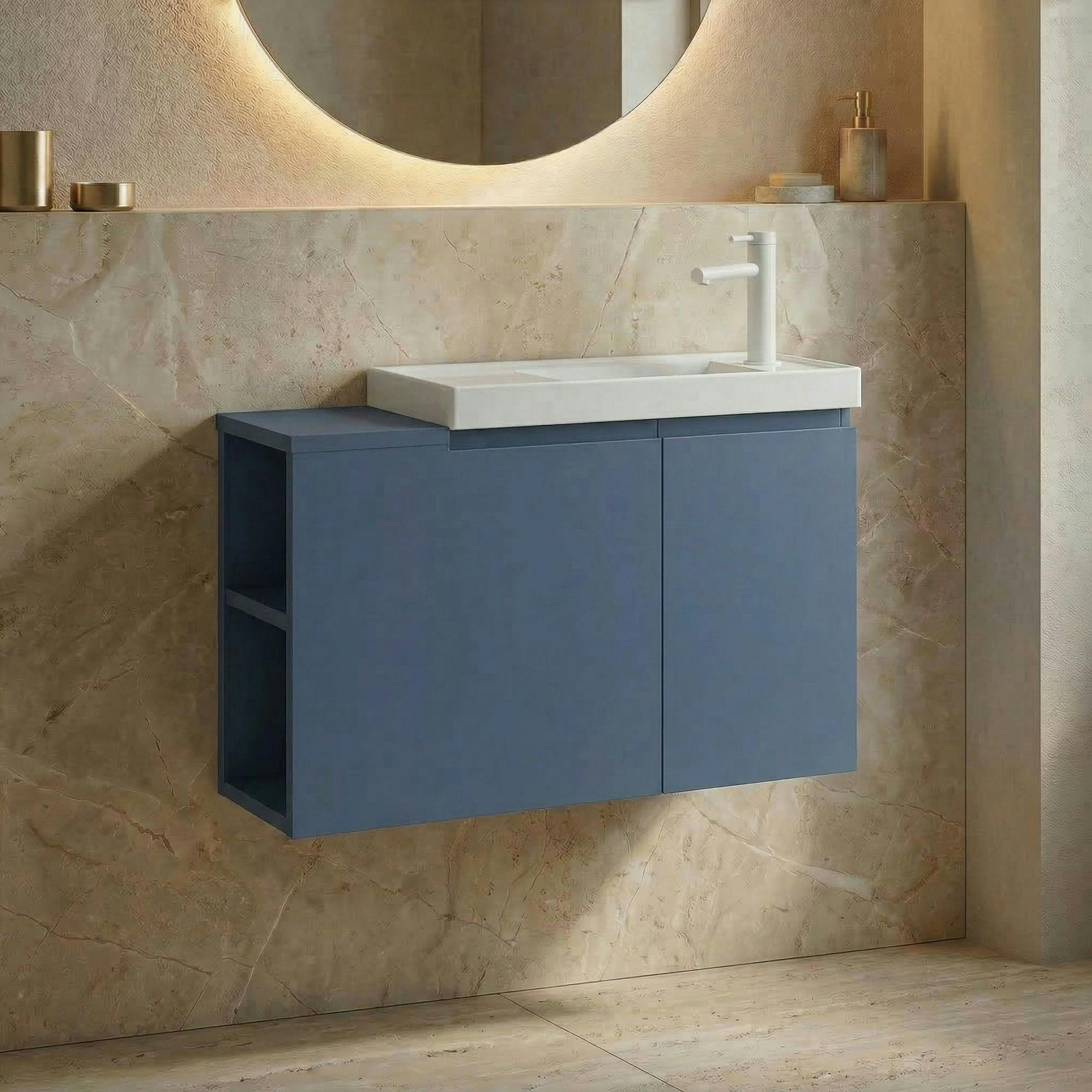 Lave-mains suspendu 80 cm bleu 2 portes 2 niches IRIS