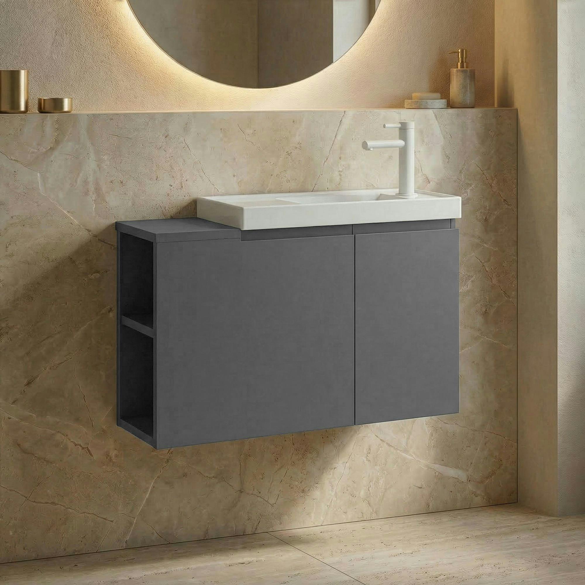Lave-mains suspendu 80 cm gris 2 portes 2 niches IRIS