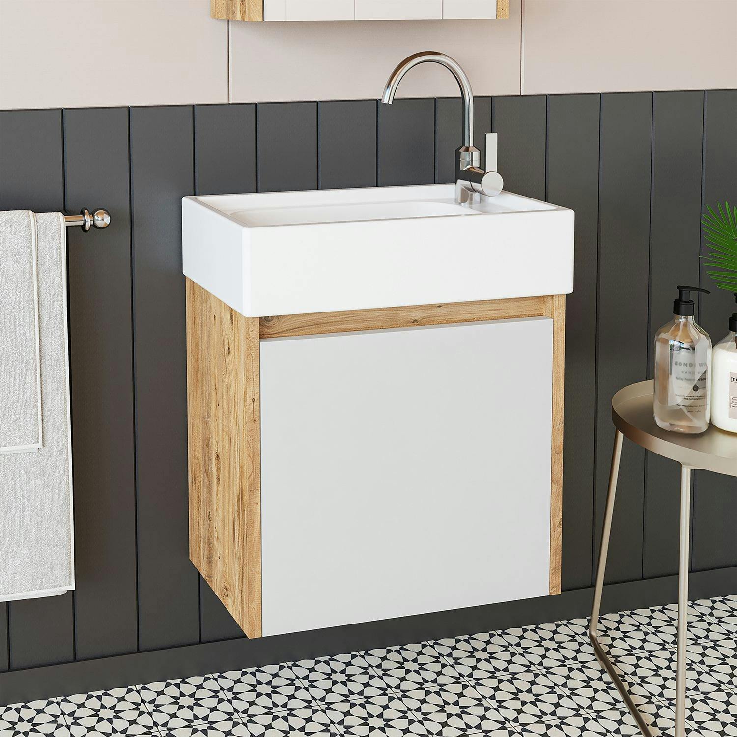 Lave-mains suspendu blanc et décor pin 1 porte LUA