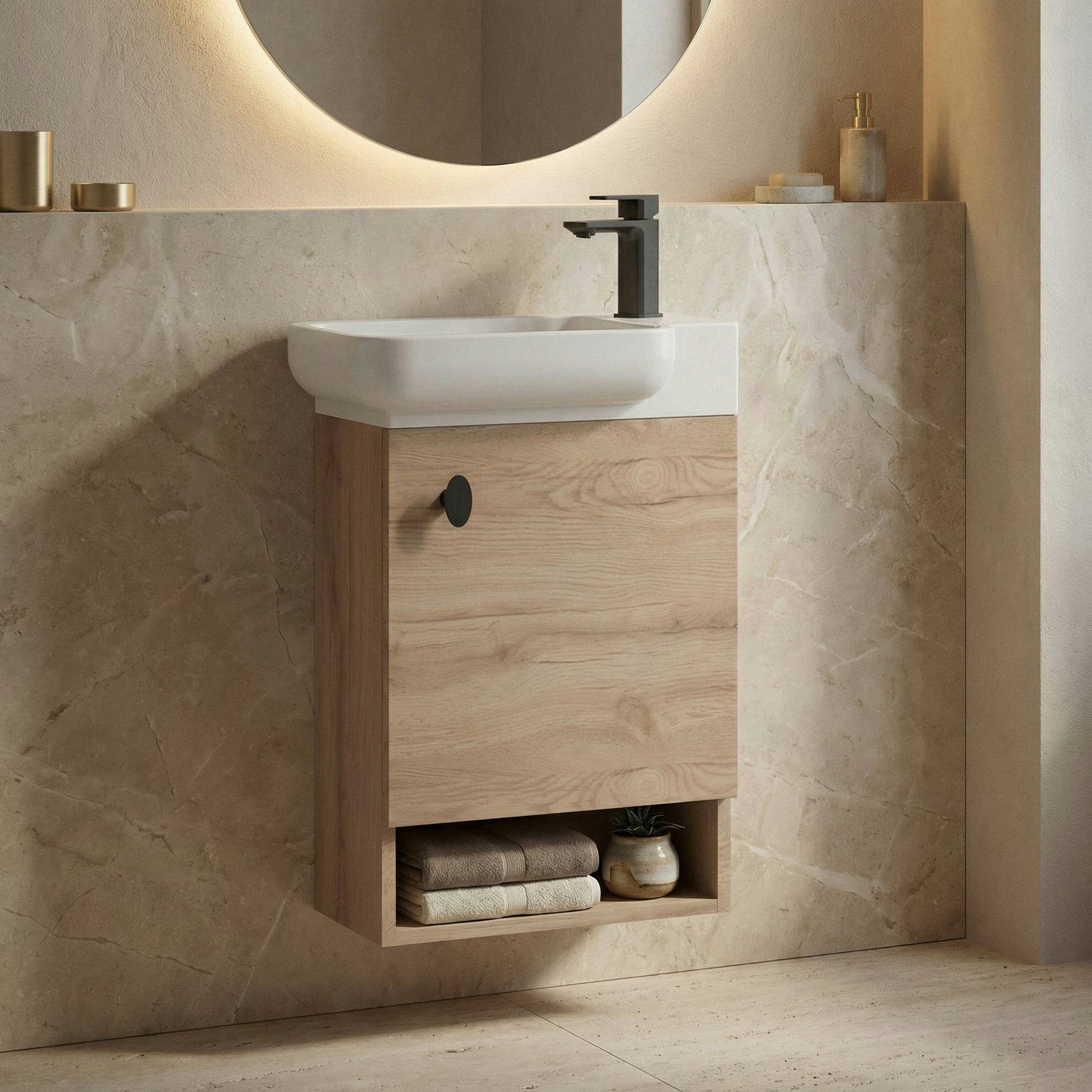 Lave-mains suspendu décor bois clair 1 porte 1 niche ONA