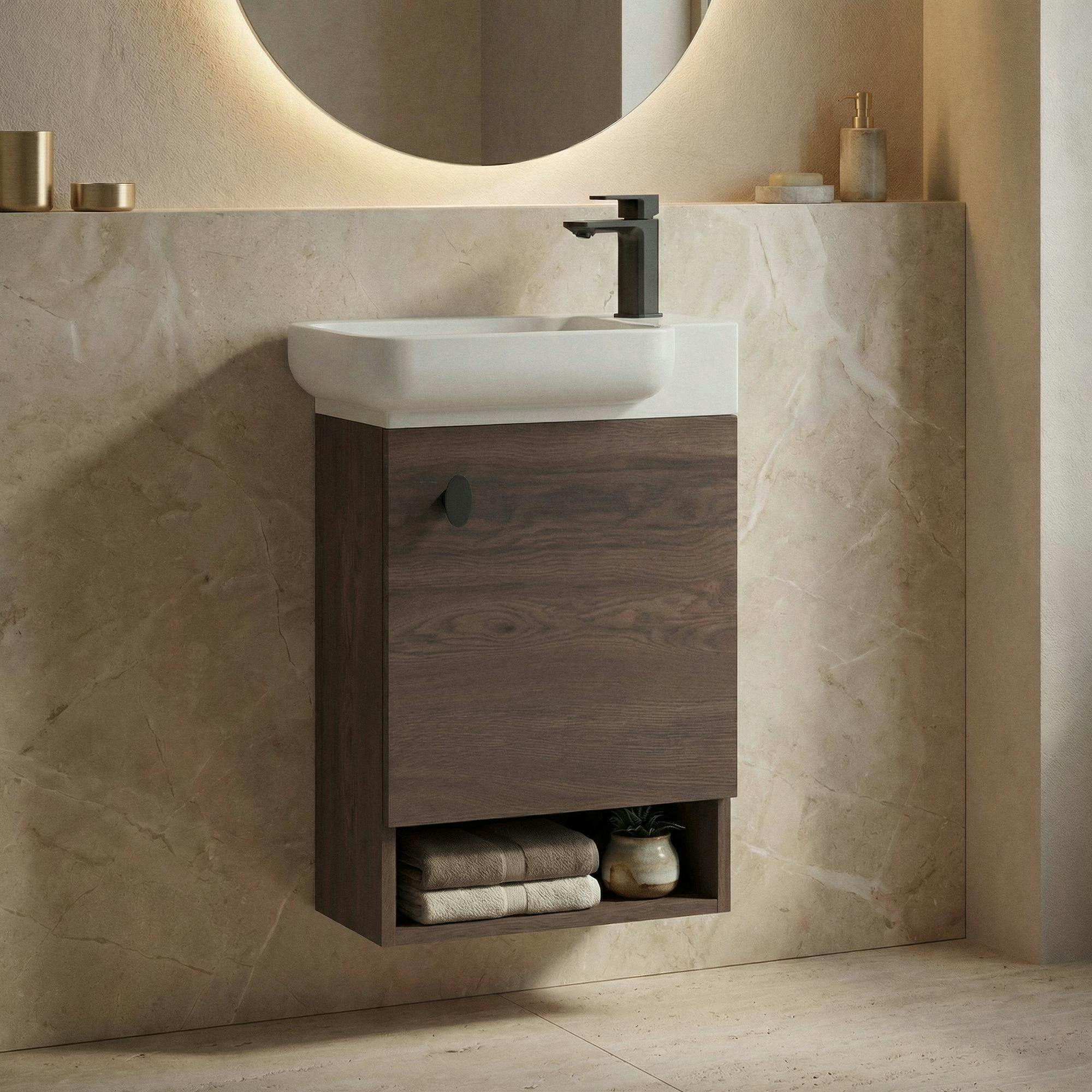 Lave-mains suspendu décor bois foncé 1 porte 1 niche ONA