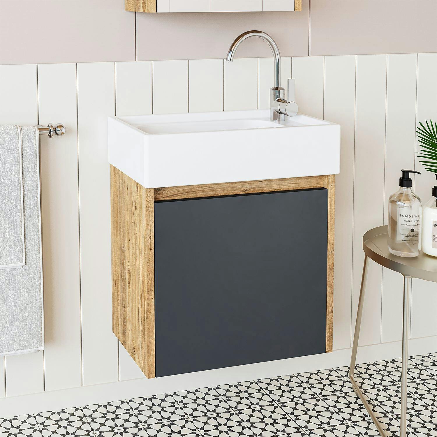 Lave-mains suspendu décor pin et anthracite 1 porte LUA