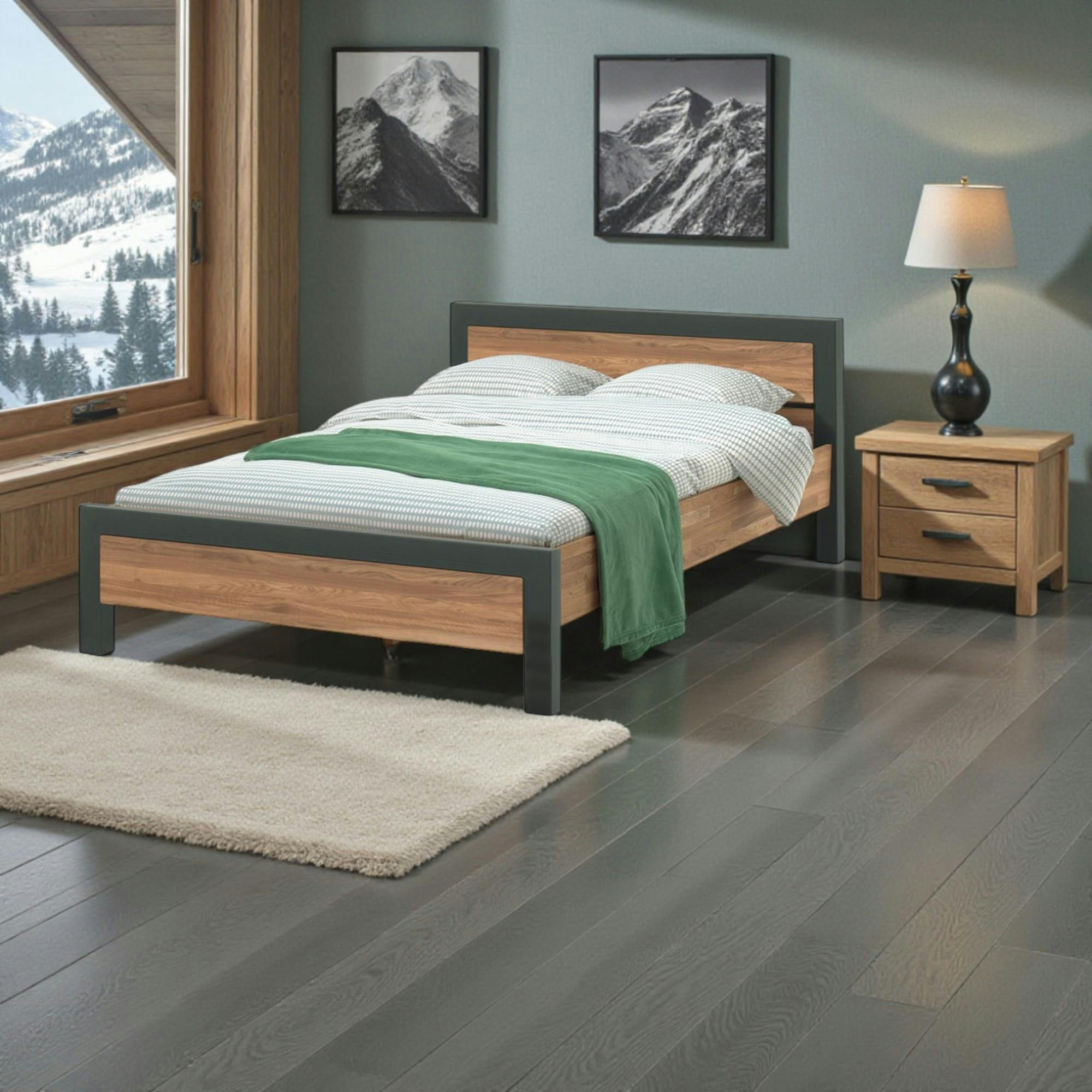 Lit 2 personnes en bois de chêne et métal 160 cm FERSCOTT 2