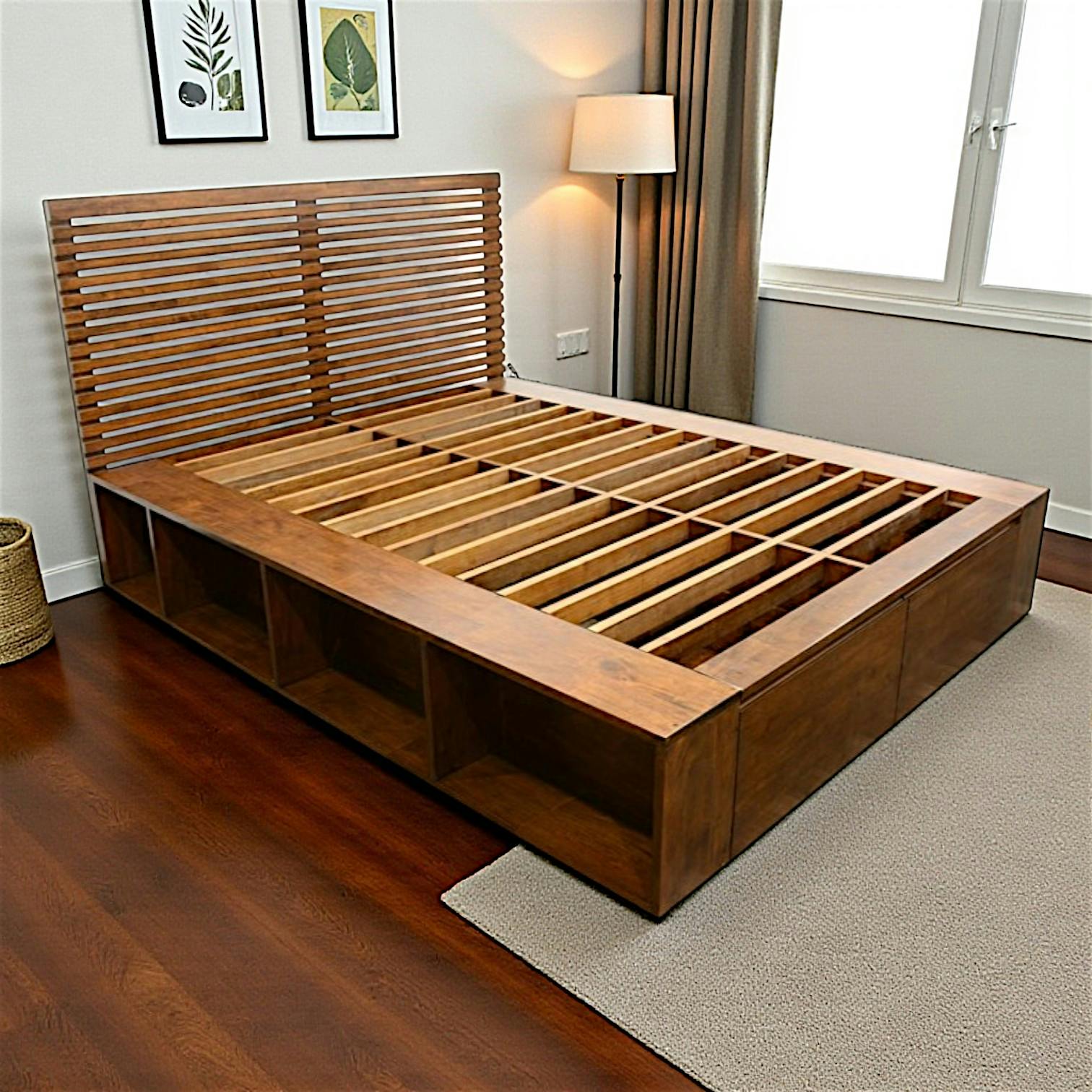 Lit 2 places Hévéa avec 2 tiroirs et 8 niches pour couchage 140x190 142x196x109cm NEW ORLEANS