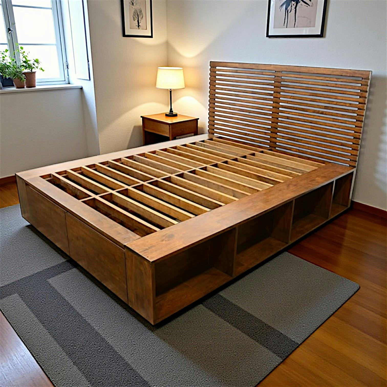 Lit 2 places Hévéa avec 2 tiroirs et 8 niches pour couchage 160x200 162x206x109cm NEW ORLEANS