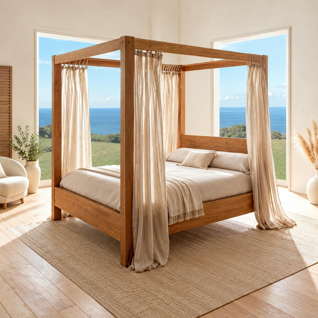 Lit baldaquin cadre 160 cm en bois – style naturel VERBIER