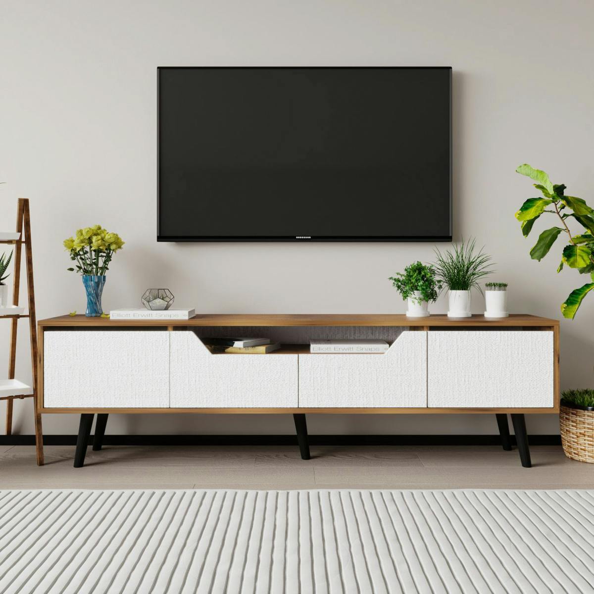 Long meuble TV 4 portes blanches cadre effet noyer MARFA