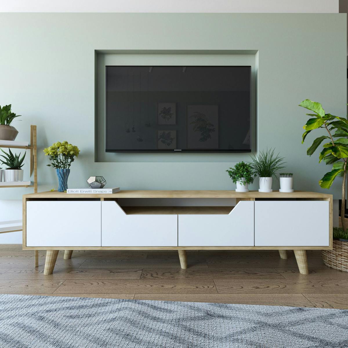 Long meuble TV 4 portes blanches et cadre clair 180 cm MARFA