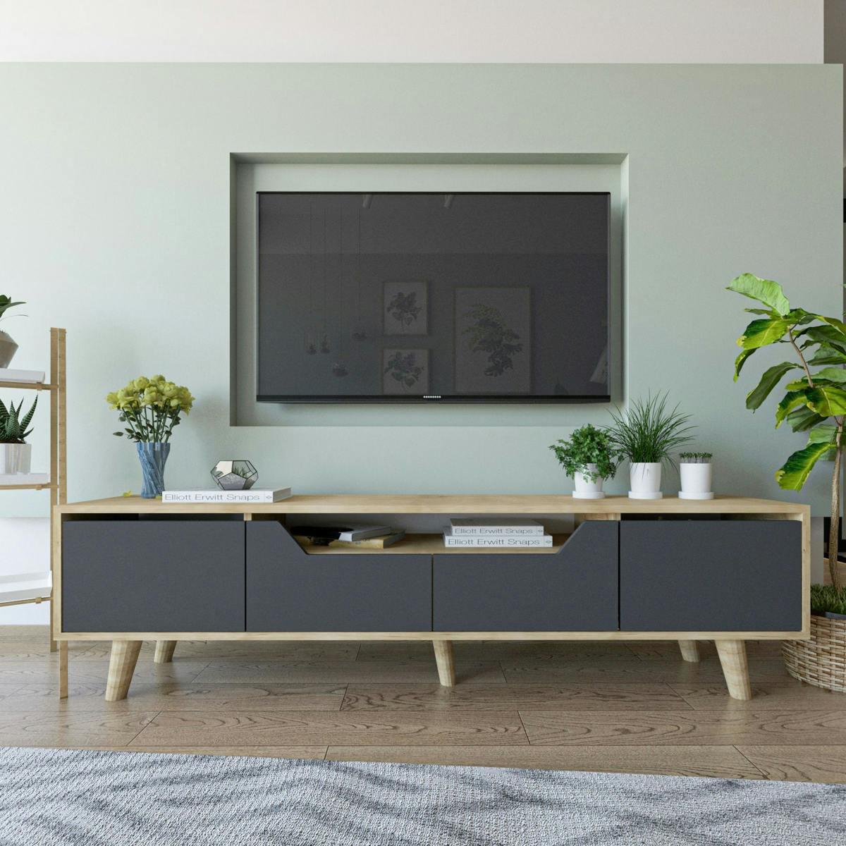 Long meuble TV 4 portes grises et cadre clair 180 cm MARFA