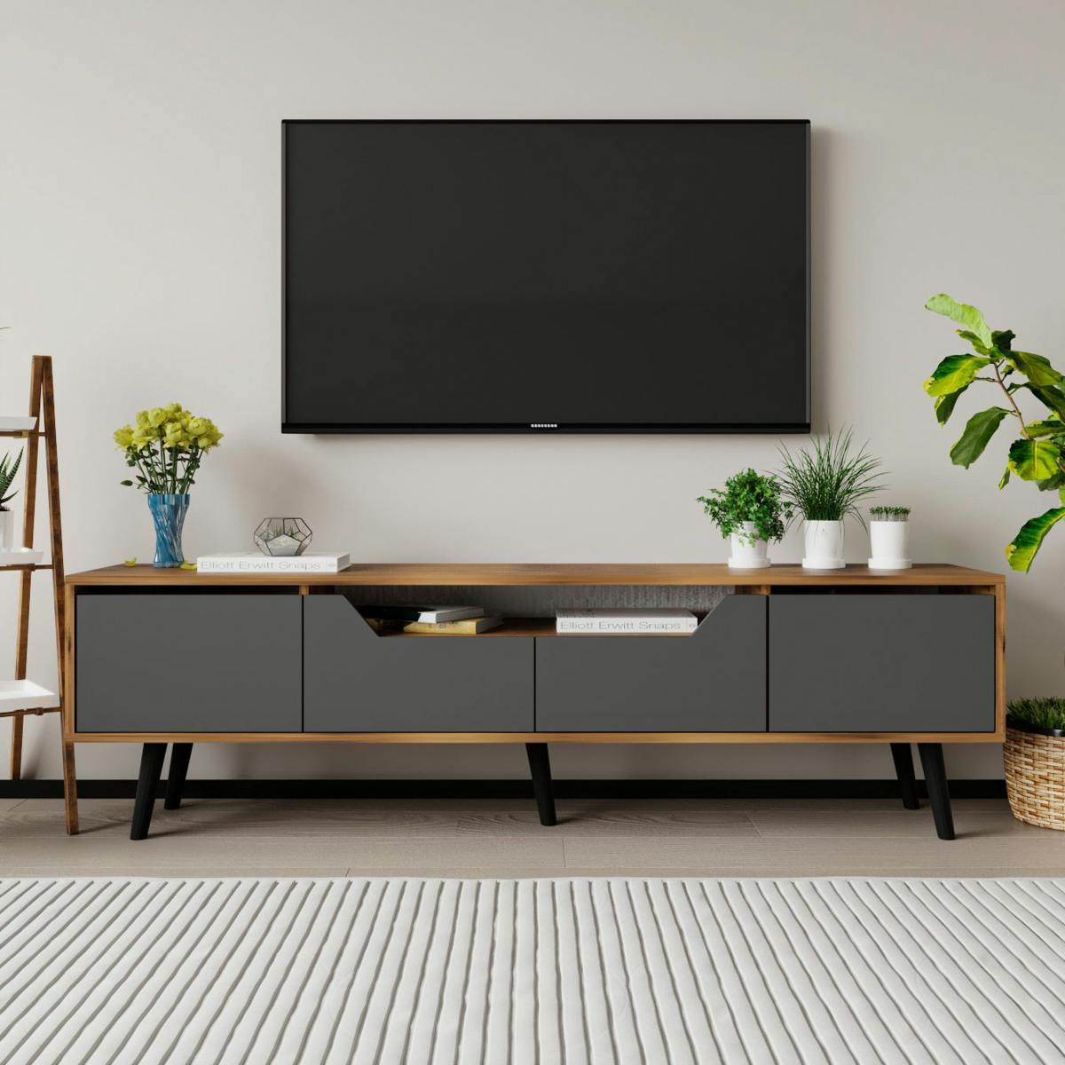 Long meuble TV 4 portes grises et cadre effet noyer MARFA