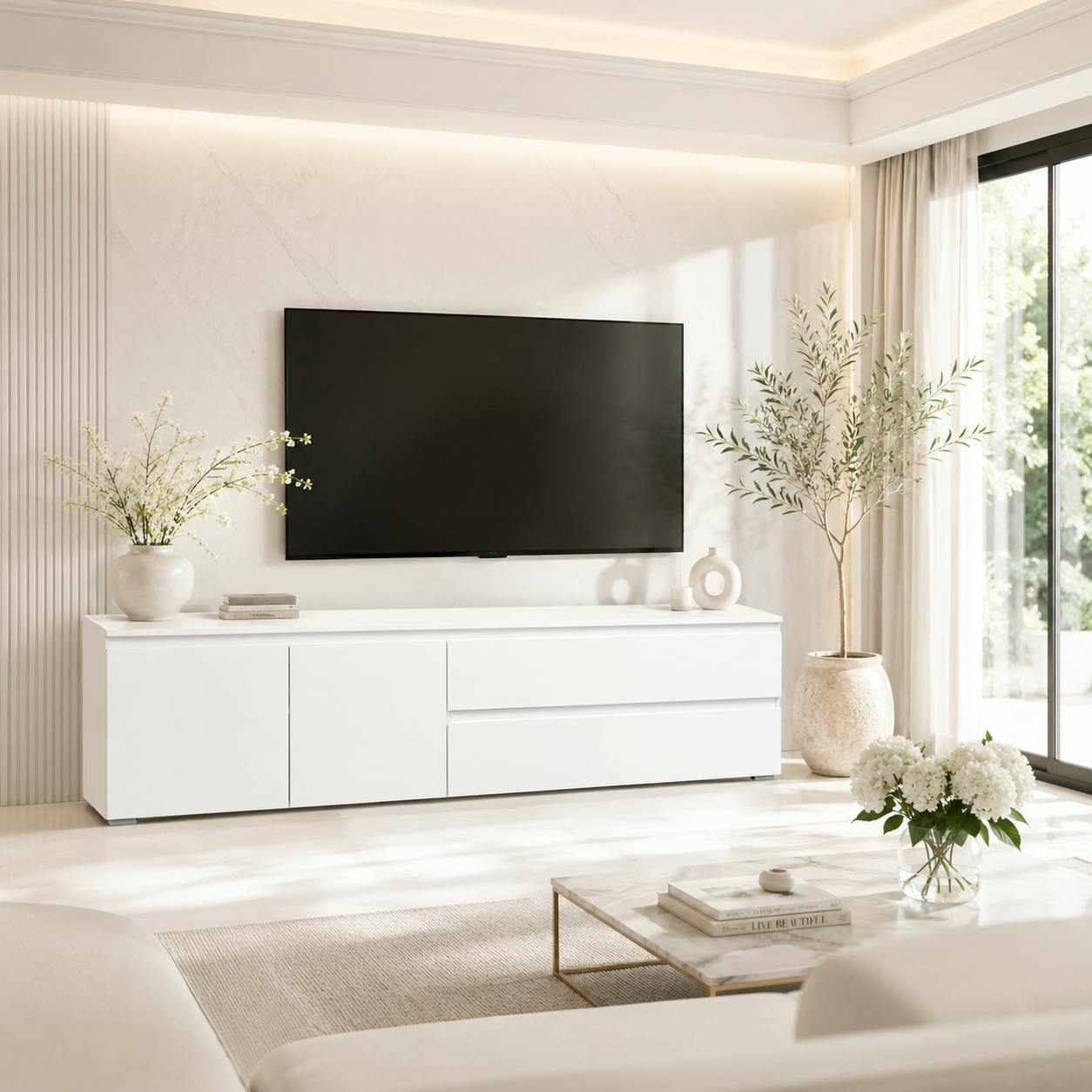 Long meuble TV blanc 2 portes 2 tiroirs ALVA