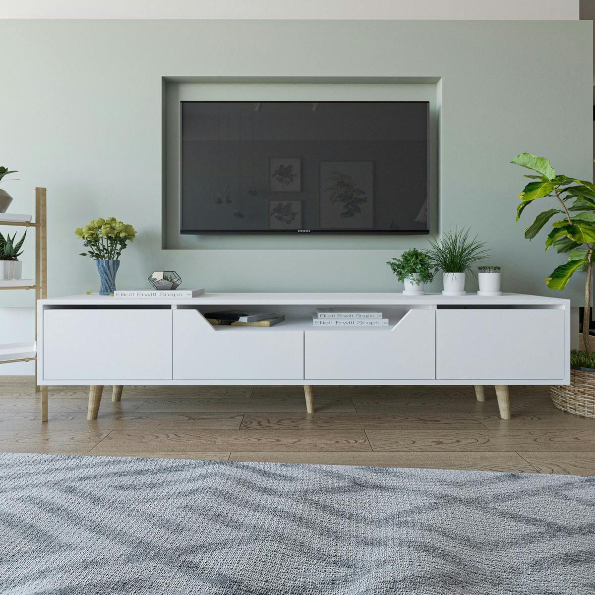 Long meuble TV blanc moderne, 4 portes 180 cm MARFA